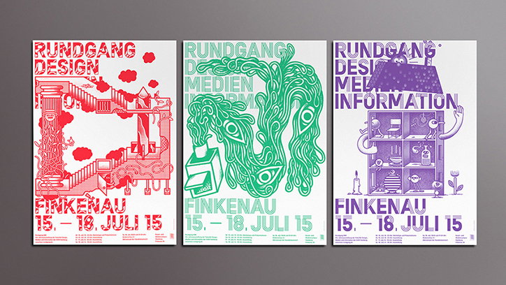 Three posters for an event called “Rundgang” in red, green and purple. Each features a surreal illustration and the text “Finkenau 15. – 18. Juli 15”.