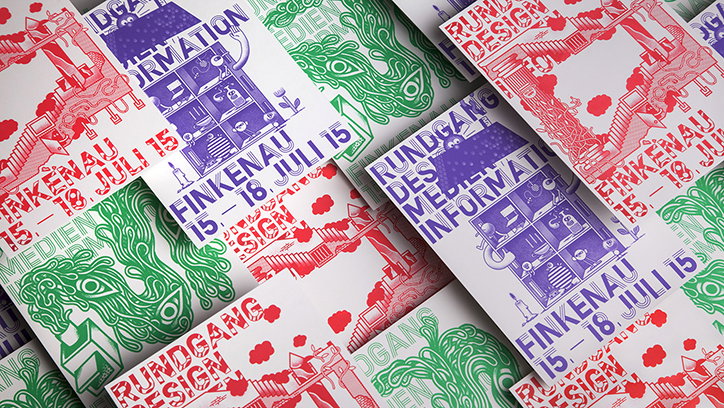 A pile of overlapping posters in red, blue and green. They feature detailed line illustrations and the text “Rundgang des Mediendesign” and “Finkenau 15–18. Juli 15”.
