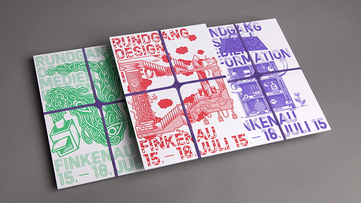 Three square posters in green, red and purple are leaned against each other. Each features a grid of illustrations and the text “Rundgang” and “Finkenaustausch 15.–18. Juli 15”.