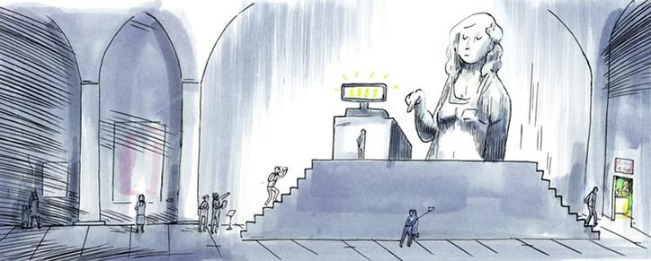 An illustration of a vast, arched gallery featuring a giant sculpture of a person. Small figures gather around the base of the statue, while a glowing digital screen displays “$$$$”.