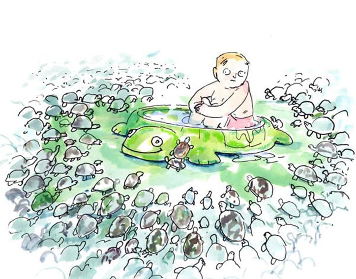 An illustration of a child sitting inside a green turtle-shaped float. They are surrounded by a vast crowd of small turtles on a pale green background.