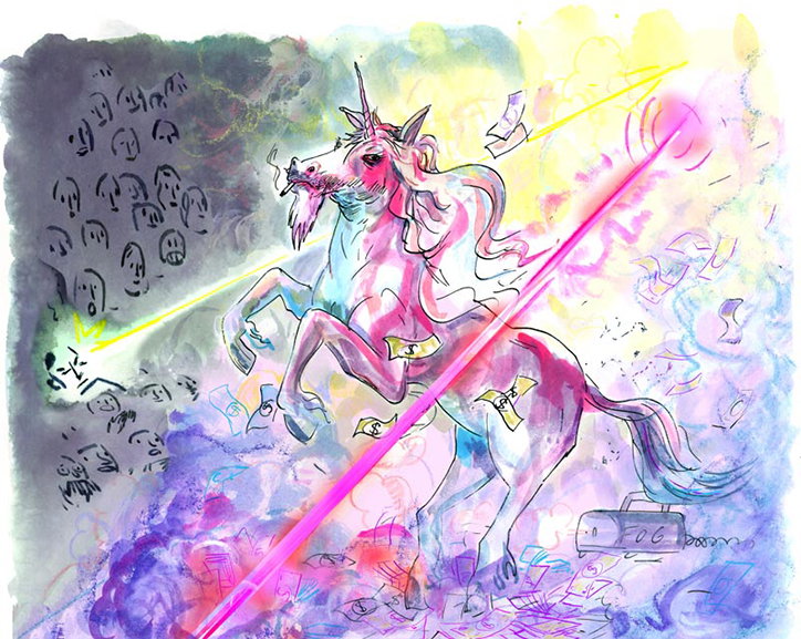An illustration of a rearing unicorn with a cigarette in its mouth. A bright yellow beam shoots from its horn towards a crowd of sketched faces, while a pink laser cuts across the foreground.