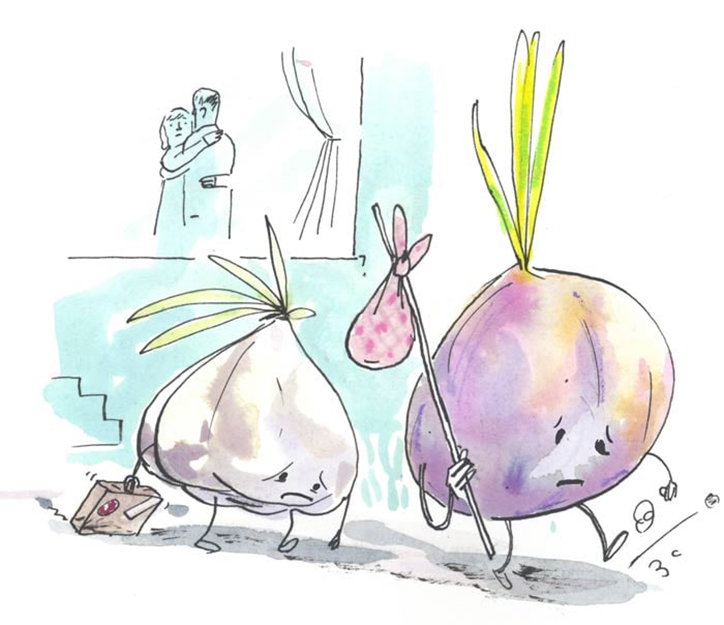 An illustration of a garlic bulb and a red onion walking side by side with sad expressions. The garlic carries a small suitcase, while the onion holds a bindle on a stick. In the background, two figures embrace in a window.