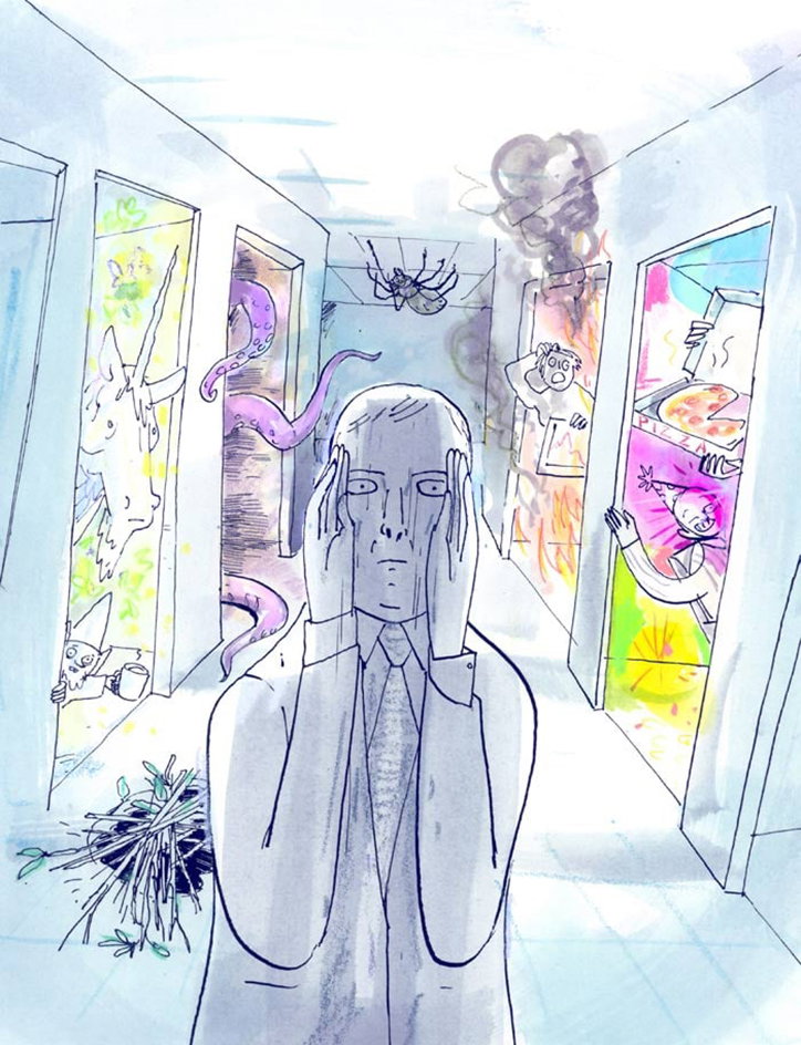 An illustration of a person in a suit standing in a corridor, holding their head in their hands. Surreal creatures and chaotic scenes emerge from the surrounding doorways, including a unicorn, a purple tentacle and a fire.