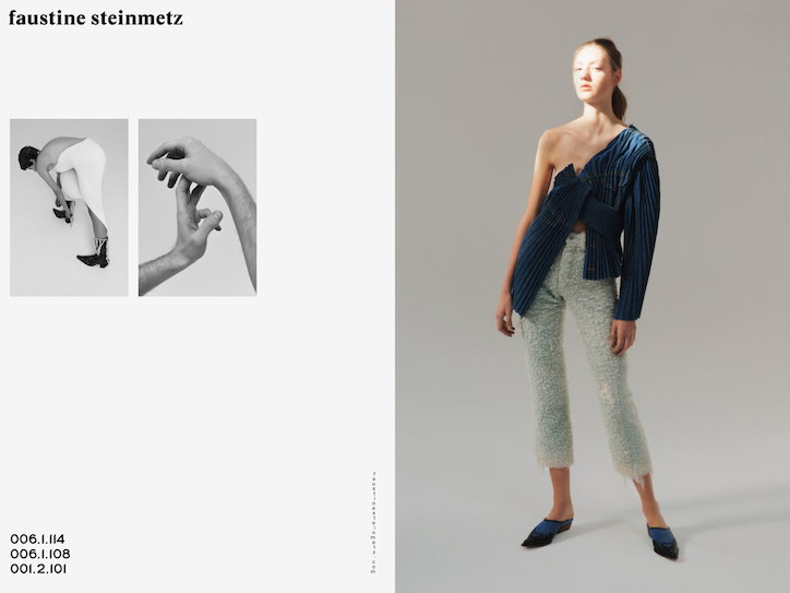 A lookbook page for “faustine steinmetz” featuring a person wearing a blue striped, one-shouldered top and fuzzy light-blue trousers. To the left, two black and white photos show a person putting on a shoe and a close-up of hands.