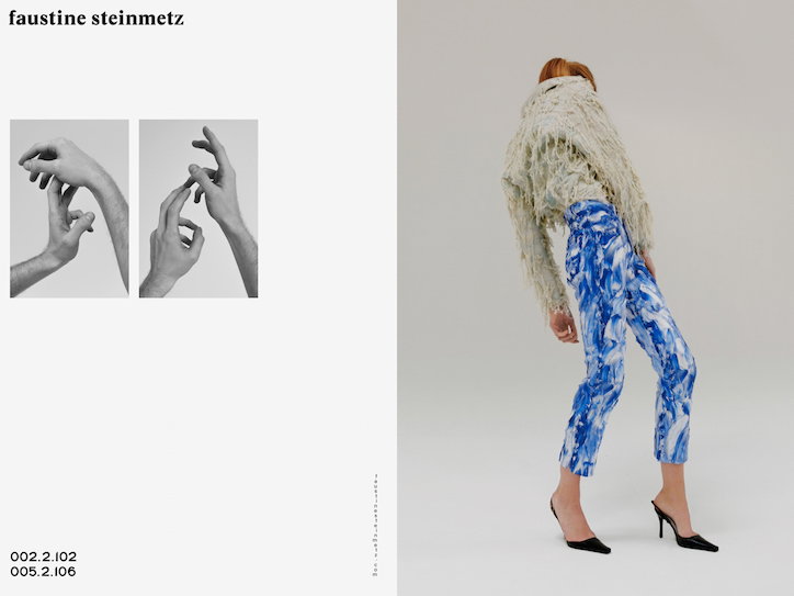 A lookbook page for Faustine Steinmetz. On the right, a person stands in profile wearing a shaggy cream jacket, blue and white marbled trousers and black heels. To the left, two black and white close-ups show hands in expressive poses.