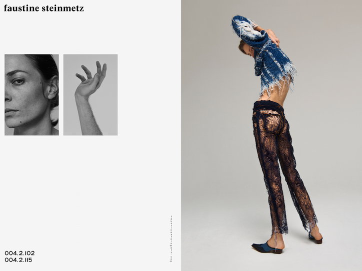 A lookbook spread for Faustine Steinmetz. On the left, two black and white photos show a close-up of a person’s face and their hand. On the right, a person poses in a blue fringed top and sheer lace trousers.