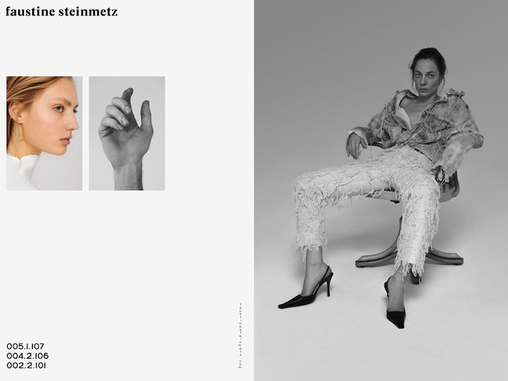 A lookbook spread for “faustine steinmetz”. On the right, a person sits in a chair wearing a textured, frayed outfit and black heels. To the left, two smaller black and white images show a profile portrait and a close-up of a hand.
