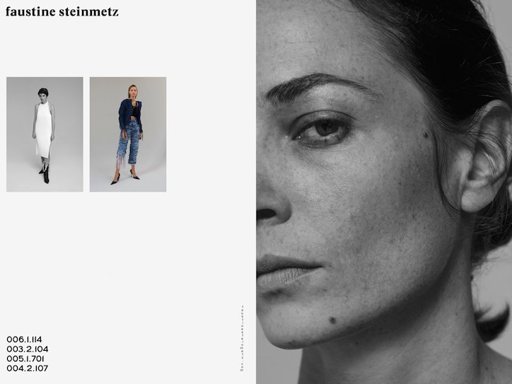 A black and white layout featuring a close-up portrait of a person on the right. On the left, two smaller images show a person modelling different outfits, alongside the name “faustine steinmetz” and a list of numbers.