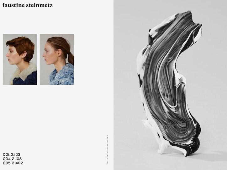 A layout featuring the name “faustine steinmetz” at the top left. Two profile portraits of people wearing textured blue garments sit beside a large, abstract 3D render of swirling black and white paint.