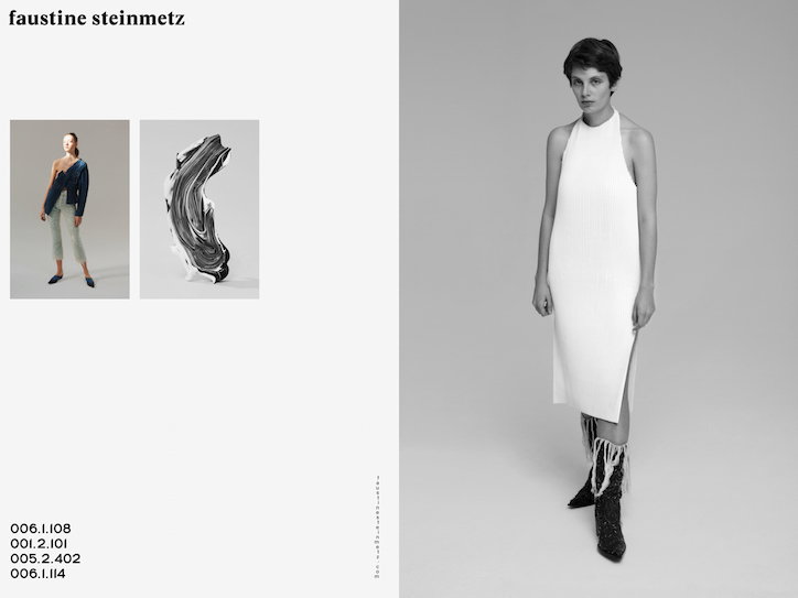 A lookbook page for Faustine Steinmetz. On the right, a person wears a long, white ribbed halter dress with a side slit and fringed boots. To the left, two smaller images show a person in a structured blue jacket and a black and white abstract sculpture.