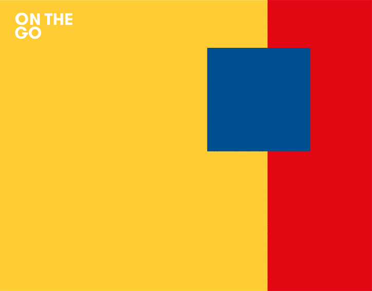 An animation of a yellow and red split-screen background with a blue square in the centre. The text “ON THE GO” appears in the top left corner.