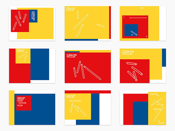 A grid of nine graphic compositions using a primary colour palette of red, blue, yellow and white. Each layout features abstract geometric blocks and white linear elements, some accompanied by the text “ON THE”.
