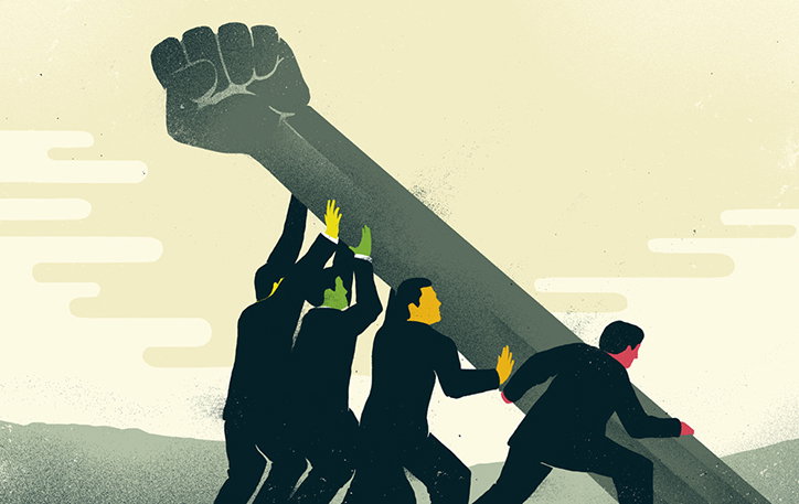 An illustration of four figures in dark suits struggling to hold up a giant, clenched fist. The massive arm angles upwards across a pale yellow sky.