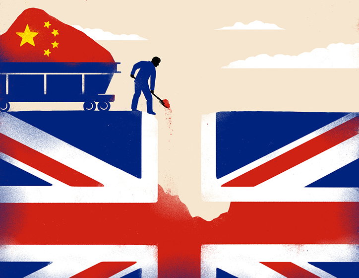 An illustration of a person using a shovel to fill a gap between two blocks of the Union Jack. A blue railway wagon behind them is filled with a red mound featuring the stars of the Chinese flag.