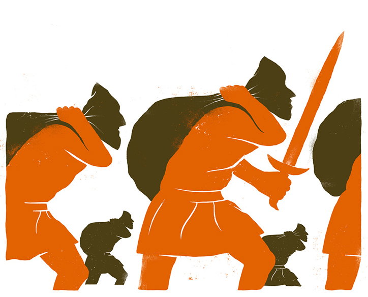 An illustration of several figures in orange and brown, rendered in a bold, graphic style. One figure in the centre carries a large sack on their back and holds a sword.
