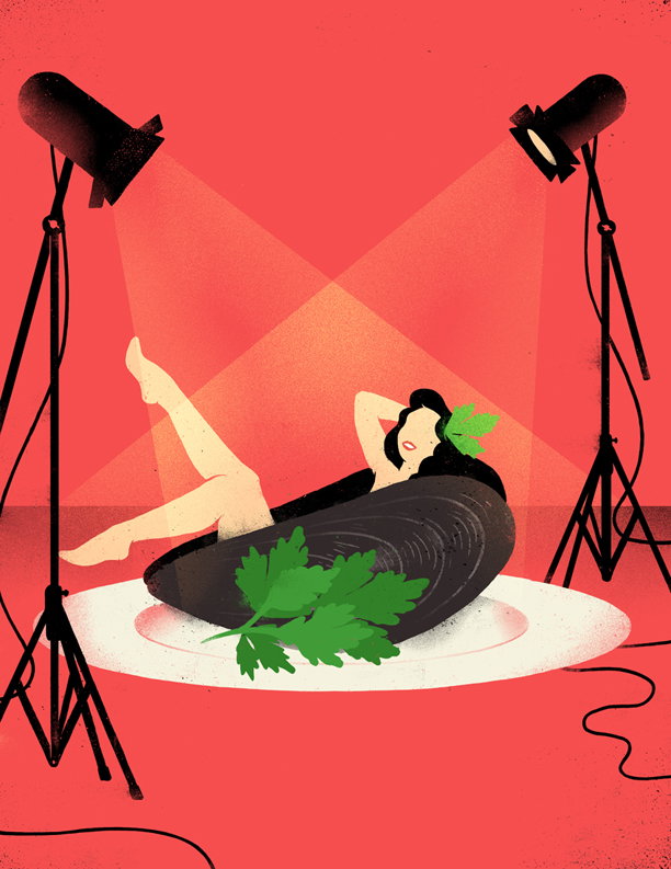 An illustration of a person reclining inside a giant mussel shell on a white plate. They are lit by two spotlights against a bright red background, with green parsley leaves used as decoration.