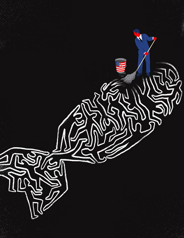 An illustration of a person in a blue suit standing atop a white outline of a brain against a black background. They use a broom to sweep a bucket of the US flag into the brain’s folds.