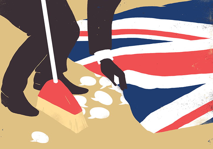 An illustration of a silhouetted figure using a broom to sweep white speech bubbles across a beige floor. The figure stands beside a large, draped Union Jack flag.