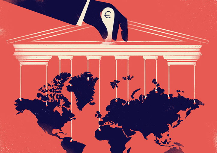 An illustration of a dark blue world map set against a red background. A large hand holds a euro symbol, controlling the map like a puppet via strings attached to a white architectural ledge.