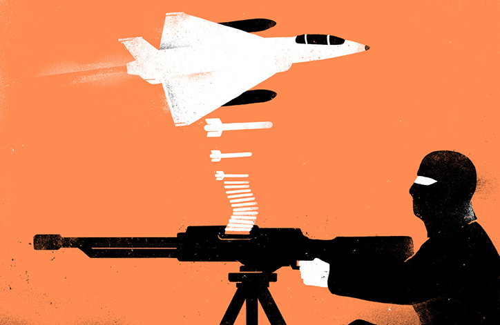 An illustration of a silhouetted figure in a balaclava firing a large machine gun. The weapon shoots a stream of missiles that lead up to a white jet plane against an orange background.