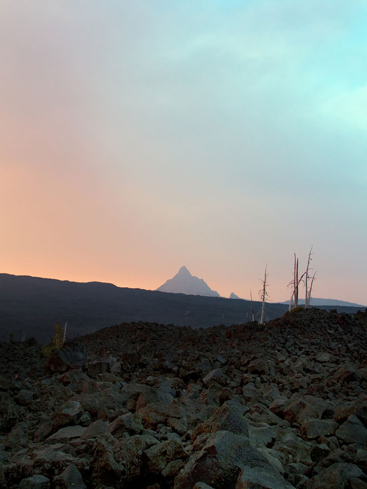 A jagged mountain peak rises above a dark, rolling ridgeline under a pale sky. In the foreground, a field of dark volcanic rocks is dotted with a few skeletal, leafless trees.