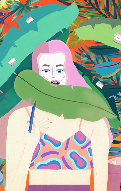 An illustration of a person with pink hair partially hidden behind large green tropical leaves. They wear a colourful, patterned crop top and hold a blue pen.