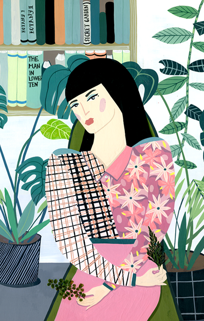 An illustration of a person with black hair and a pink floral dress, holding a small sprig of greenery. They are surrounded by houseplants and a bookshelf containing titles including “Secret Garden” and “The Man in Lower Ten”.