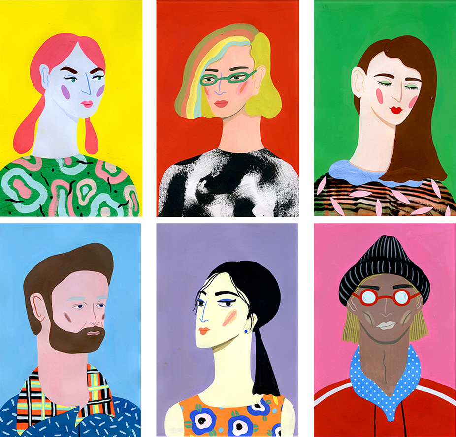 An illustration of six stylised portraits arranged in a grid. Each person is set against a different solid colour background and wears a distinctively patterned garment.