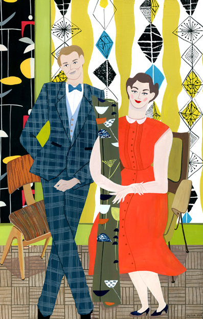 An illustration of two people standing in a mid-century modern interior. One person wears a blue checked suit and bow tie, while the other wears a bright orange dress. They are positioned against a backdrop of bold, geometric patterns and abstract shapes.
