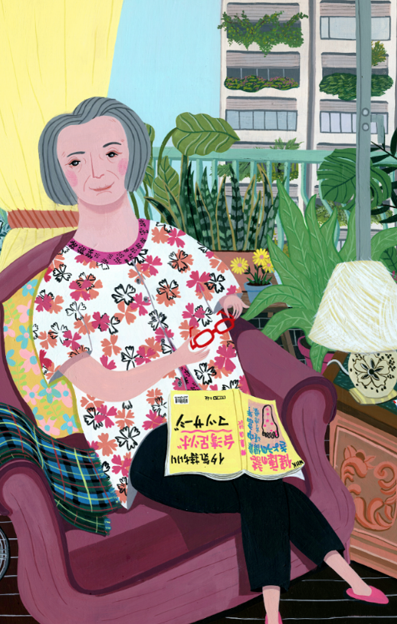 An illustration of a person with grey hair sitting in a purple armchair, holding a pair of red glasses. They wear a floral print top and black trousers, with an open magazine resting on their lap.