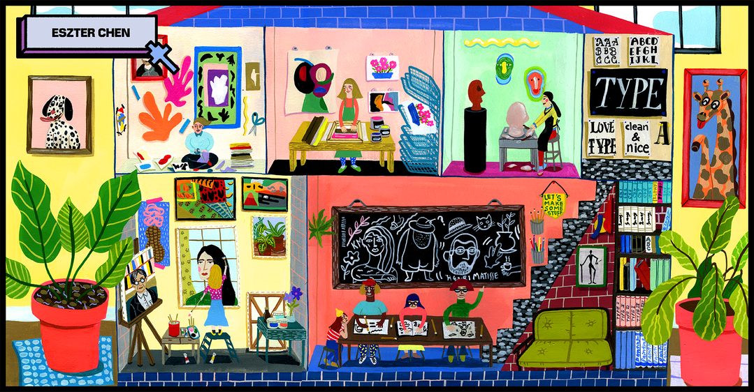 An illustration of a multi-storey creative studio filled with people working in different rooms. Artists paint, sculpt and design across various levels, surrounded by colourful artworks, plants and a large bookshelf.