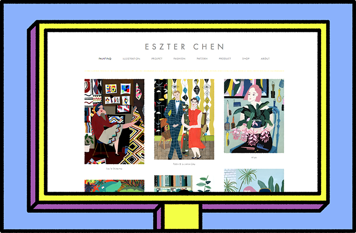 An illustration of a computer monitor displaying the portfolio website for “Eszter Chen”. The screen shows a grid of colourful, stylised illustrations of people and interiors.