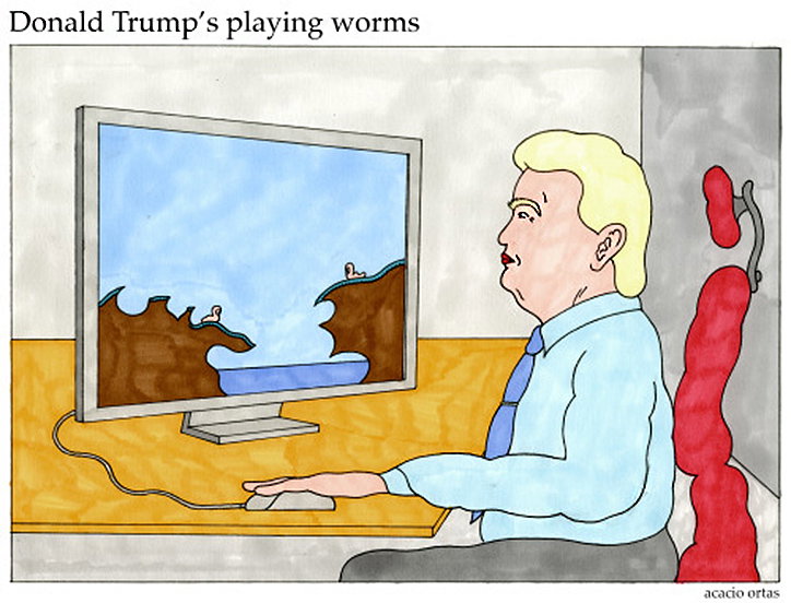 An illustration of Donald Trump sitting at a desk, using a computer mouse. On the screen, a game shows two figures on opposite cliffs with the caption “Donald Trump’s playing worms” above.