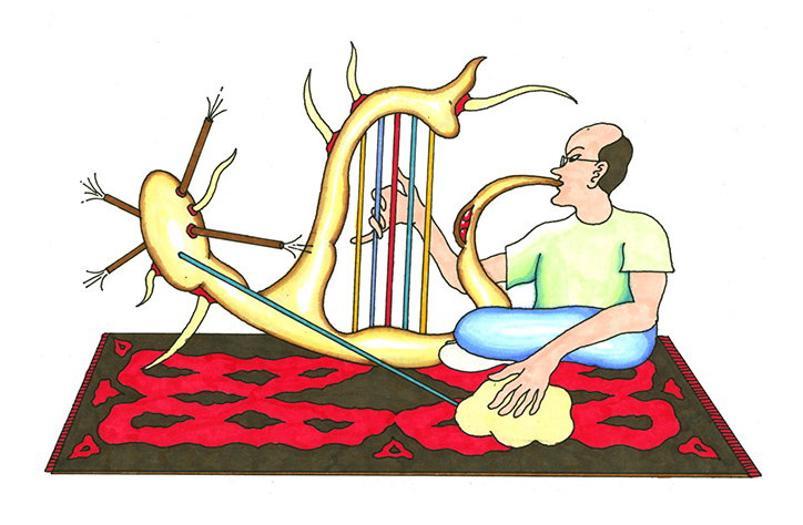 An illustration of a person sitting cross-legged on a red and black patterned rug. They play a surreal, yellow stringed instrument that curves around them, with one end resting in their mouth.
