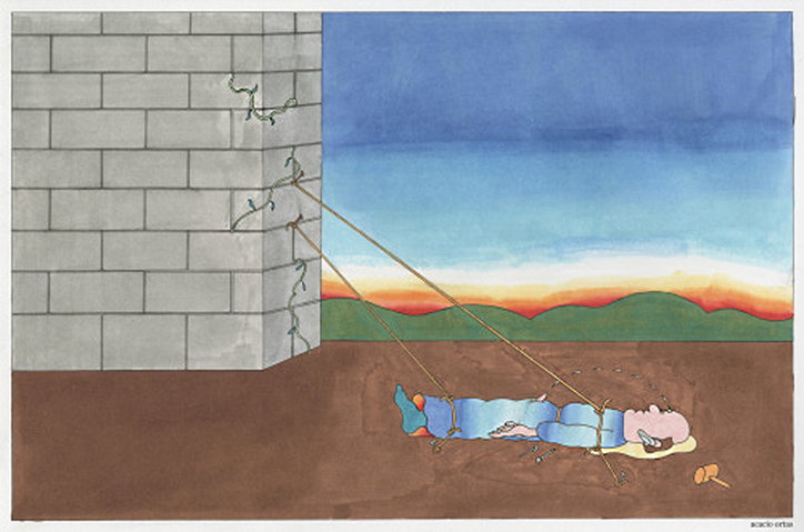 An illustration of a person lying flat on their back on a brown landscape. They are tied with ropes to a grey brick wall, stretching their body taut against a blue and orange sunset sky.