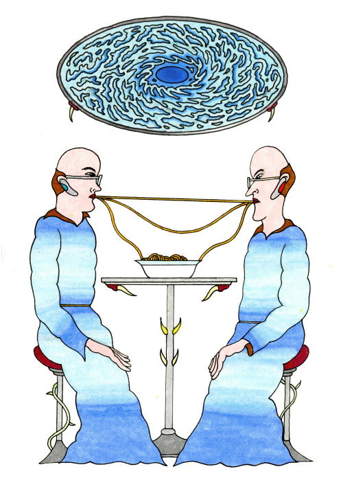 An illustration of two bald figures in blue robes sitting opposite each other at a small table. They share a single long noodle from a bowl, which stretches between their mouths. Above them floats a large, swirling blue oval.