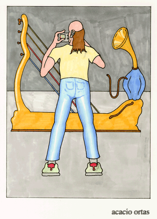 An illustration of a person seen from behind, holding a phone to their ear. They stand in front of a large, yellow, harp-like instrument with a blue horn attached to the side. The artist’s name, “acacio ortas”, is written in lowercase at the bottom right.