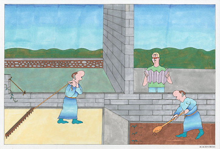 An illustration of two people working in a garden, separated by a tall grey stone wall. One person rakes a sandy area while the other digs into brown soil. A third person stands behind the wall, looking on while holding a folded map.