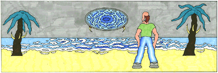 An illustration of a person in a green T-shirt and blue jeans standing on a yellow beach. They look towards a swirling blue portal floating above the ocean between two blue palm trees.