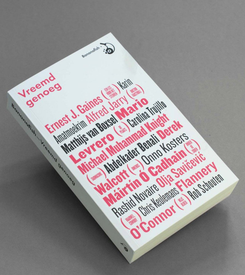 A white book titled “Vreemd genoeg” in red text. The cover features a list of names in red and blue, including “Ernest J. Gaines”, “Alfred Jarry” and “Mario Levrero”.