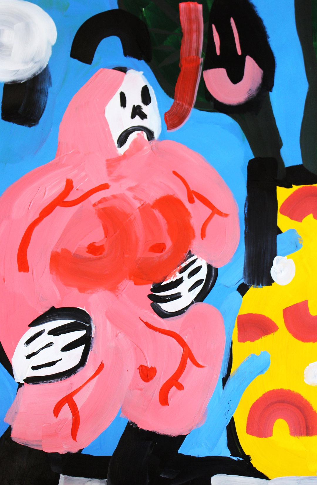 A painting of a pink, amorphous figure with a small white face and a sad expression. The figure is set against a bright blue background alongside a dark silhouette and a yellow shape with red patterns.