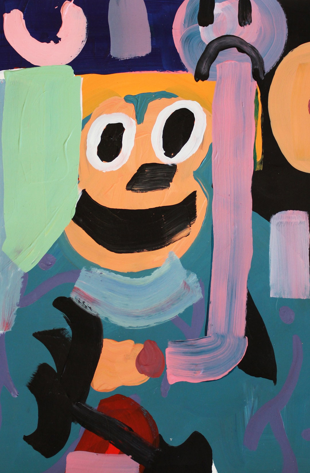 A colourful painting of a stylised, smiling face with large white eyes and a wide black mouth. The figure is surrounded by bold, abstract shapes in shades of pink, yellow, green and blue.