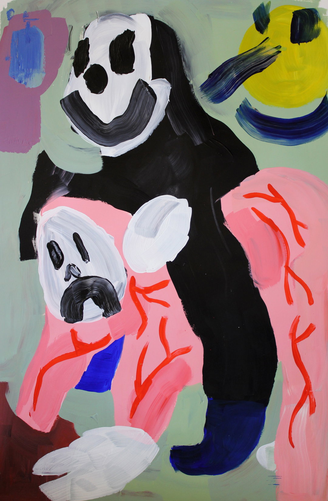 A painting of two stylised, ghostly figures with white faces and black features. One figure in black holds the other, who is draped in pink with red vein-like streaks.
