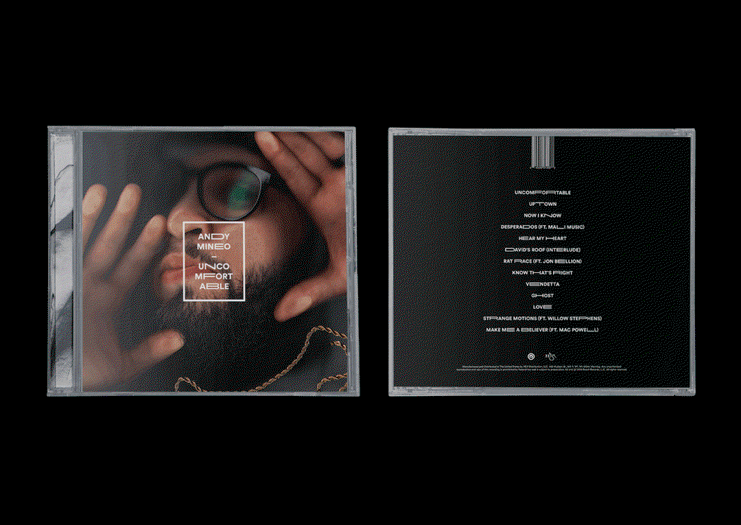 The front and back covers of a CD case. The front features a close-up of a person with a beard and glasses, with the text “Andy Mineo” and “Uncomfortable” laid over the image. The back is a dark grey with a tracklist including songs such as “Uptown” and “Ghost”.