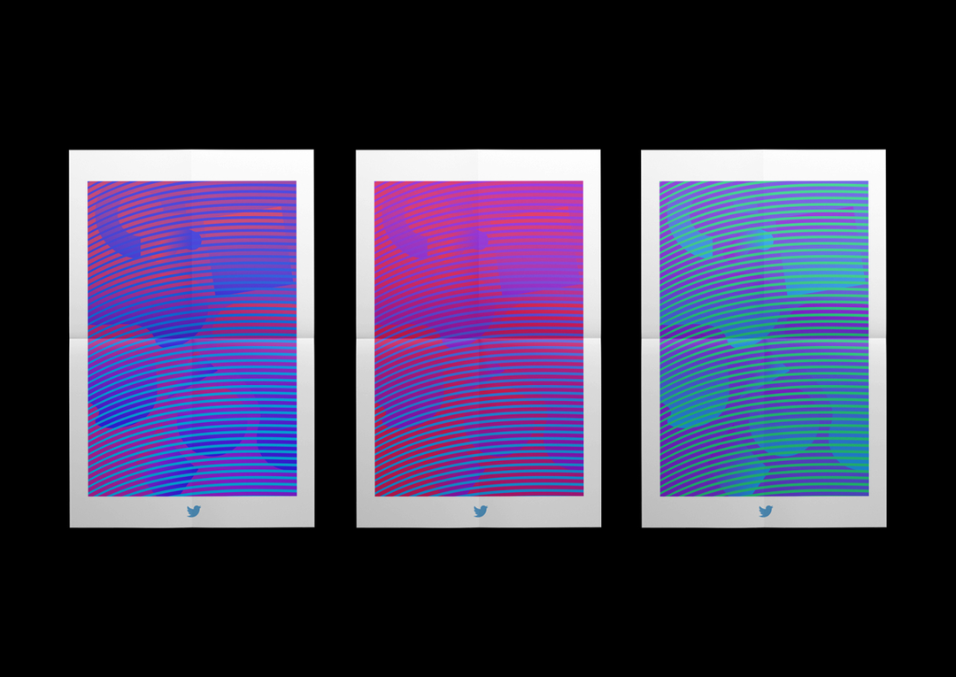 Three posters featuring abstract, undulating gradients of blue, purple and red. Each design is overlaid with a series of thin, horizontal lines and a small, colourful logo at the bottom.
