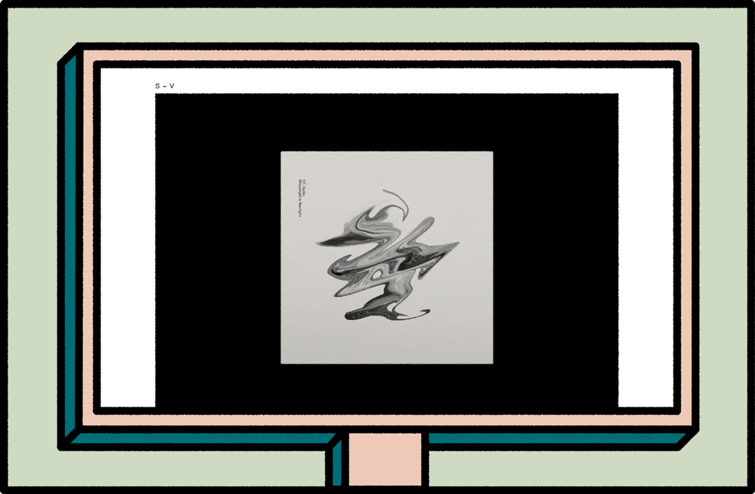 An illustration of a computer monitor displaying a black screen with a white square in the centre. Inside the square is a fluid, abstract shape in grey and black, with small vertical text reading “Art Studio – Moonlight Hunger”.