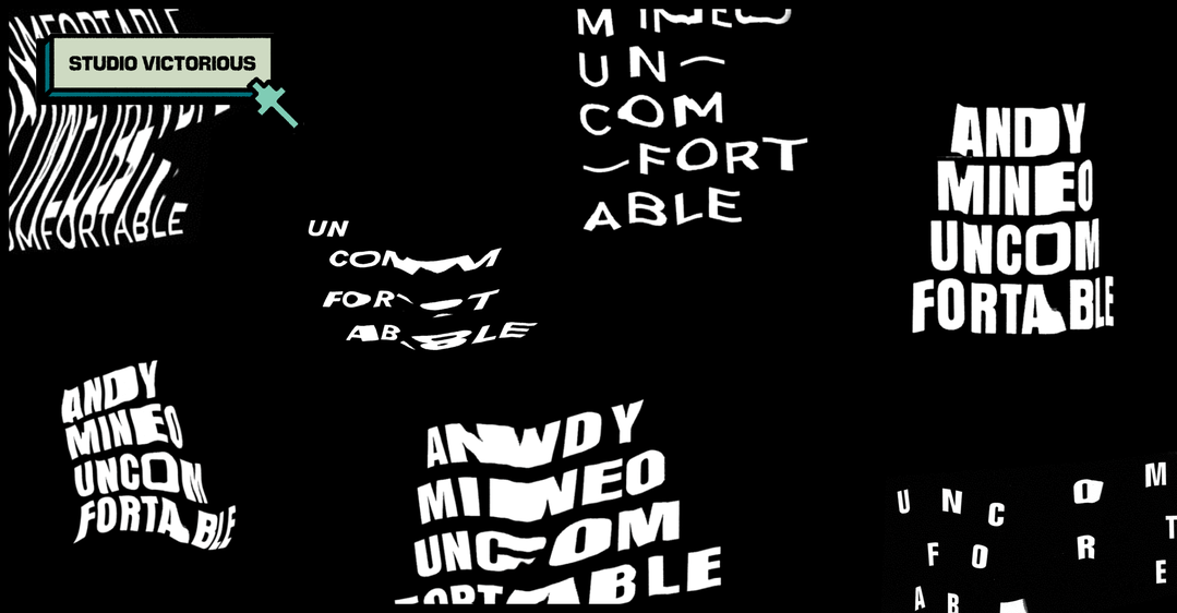 A series of distorted white typographic experiments on a black background. The words “Andy Mineo” and “Uncomfortable” are fragmented and warped across several different compositions.