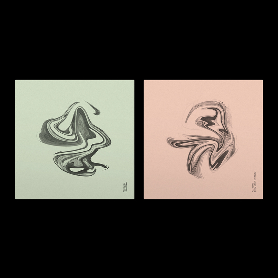Two square prints featuring abstract, swirling grey forms that resemble liquid or smoke. The left print is set against a pale green background, while the right is on a soft pink backdrop.
