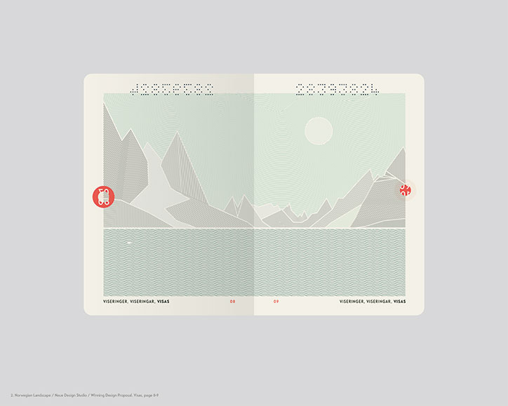 An illustration of a minimalist landscape across two pages of a passport. Stylised mountains and a pale sun sit above a body of water, rendered in muted greens and greys.